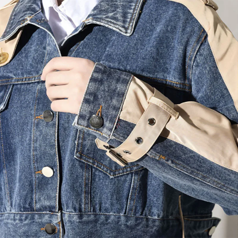 2019 Denim Split Joint Women Jacket and Coat Autumn Winter Lapel Long Sleeve Loose For Fashion Tide Lady | Женская одежда