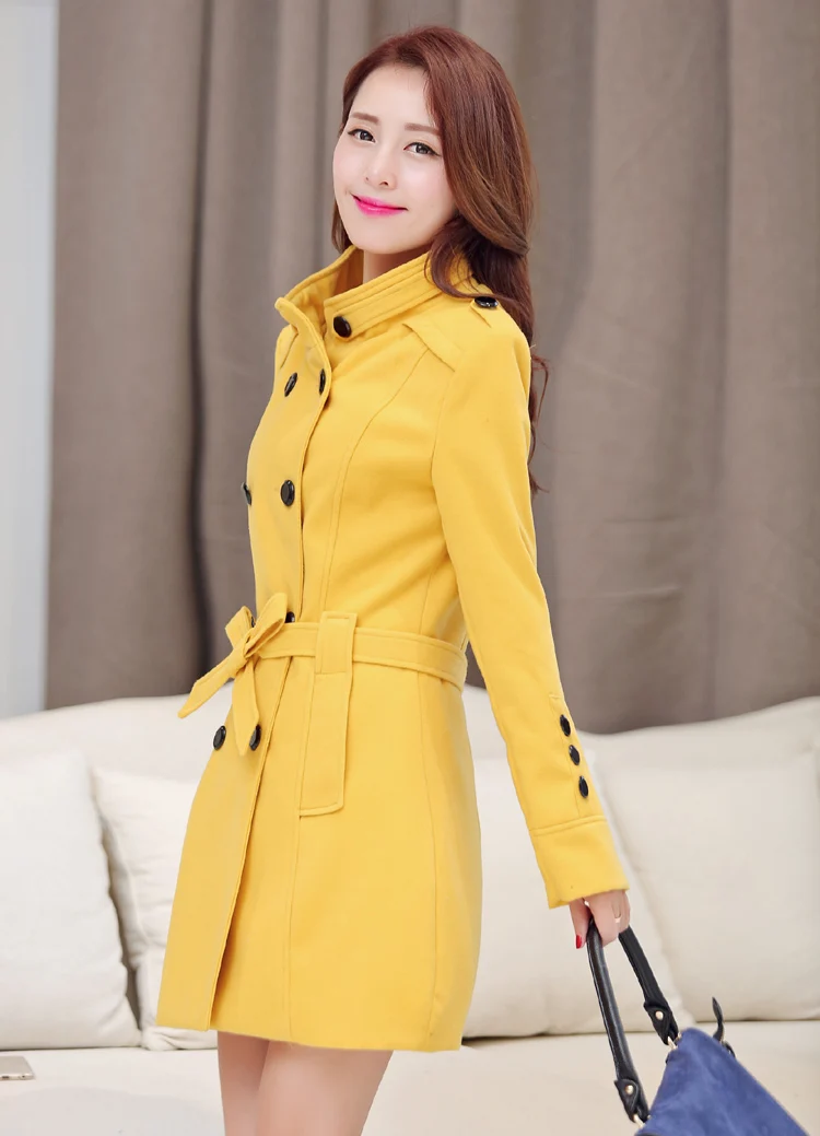 yellow woolen coat Luzuzi, зимнее шерстяное пальто с длинным рукавом, женское, Европейский стиль, размера плюс, casaco feminino, дамские осенние новые тонкие длинные шерстяные пальто Z5405 - Цвет: yellow woolen coat