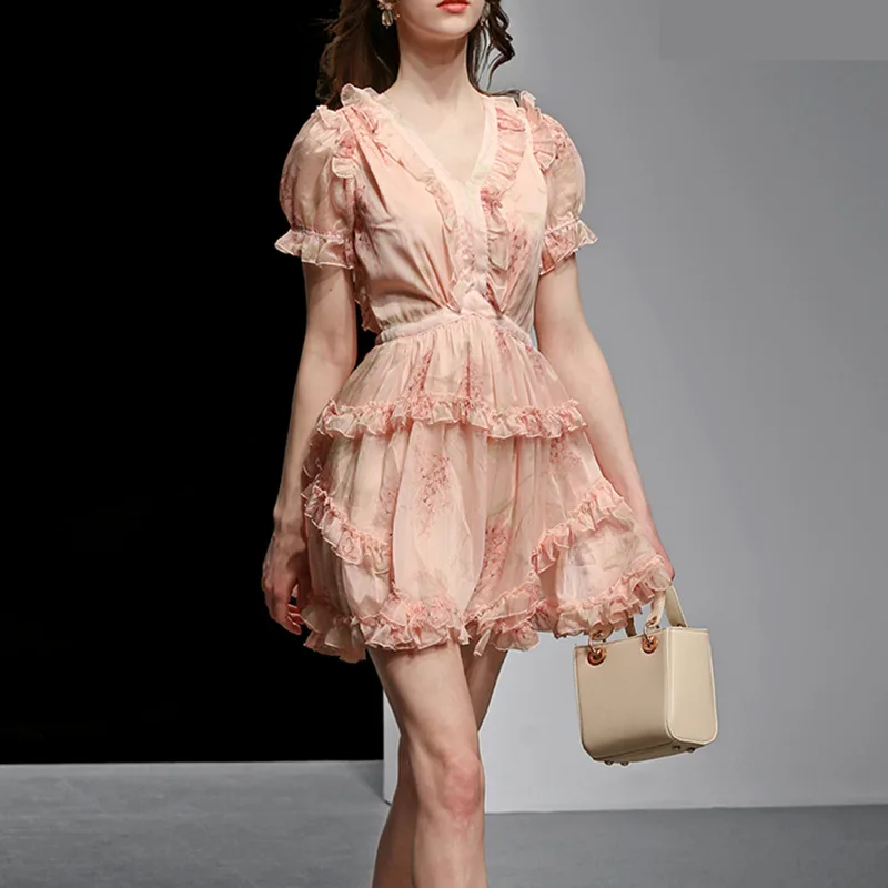 

2020 Runway Show High End Brand Women Dress Summer Vintage Short Sleeve V Neck Print Chiffon Dress Ladies Elegant Party Dresses