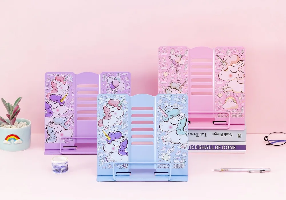 Kawaii Единорог Металлический регулируемый портативный держатель для книг для чтения складная подставка держатель книжная полка держатель для документов база канцелярские принадлежности