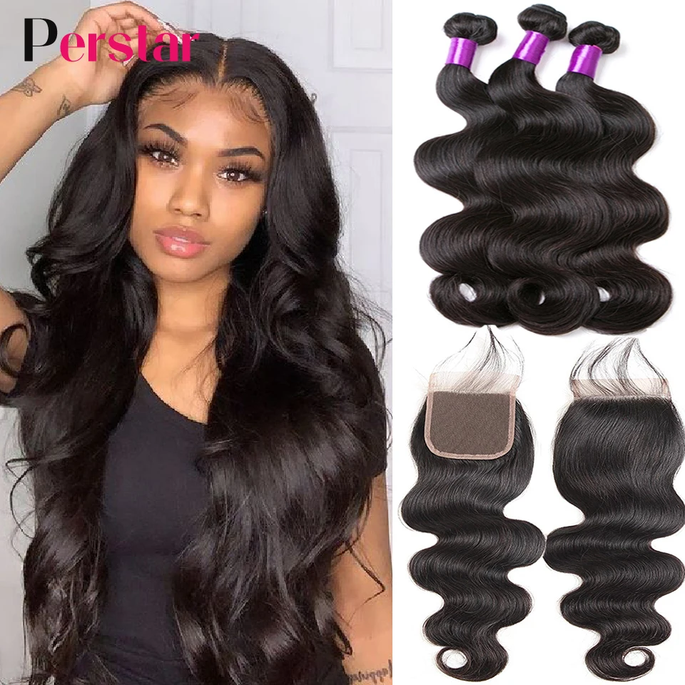 Perstar волосы пряди с закрытием бразильские для наращивания на заколках