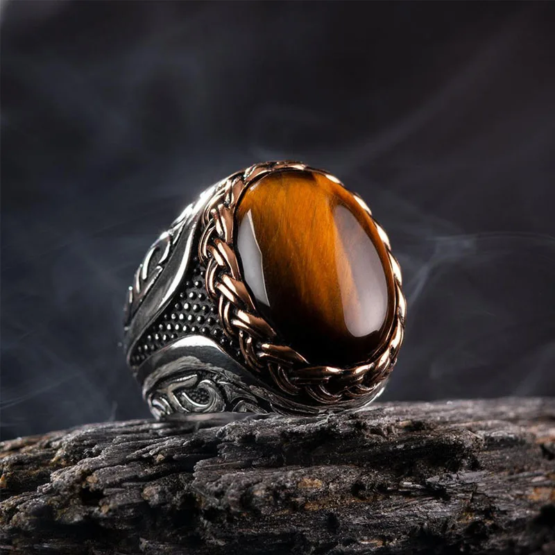 

Men's Ring Punk Rock Smooth Brown Tiger Eye Stone Ring For Men Hip Hop Wedding Party Jewelry Wholesale New Turkish Vintage Rings