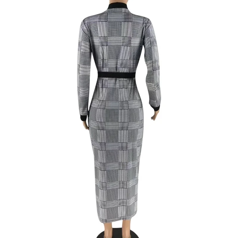 

2020 Elegant V Neck High Slit Plaid Long Sleeve Plunge Maxi Dress