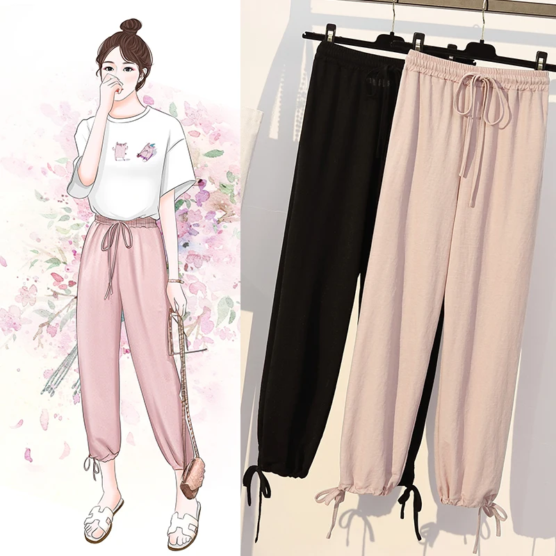 

Large Women's Drape Wide Leg Pants Summer Fat Sister Tie Casual Pants Loose Thin Cropped Pants