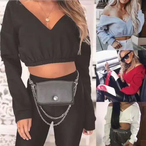 Hot Fashion Sexy Women Autumn Crop Hoodies Long Sleeve Casual Female Cotton Sweatshirts Deep V-Neck Off Shoulder Street Wear