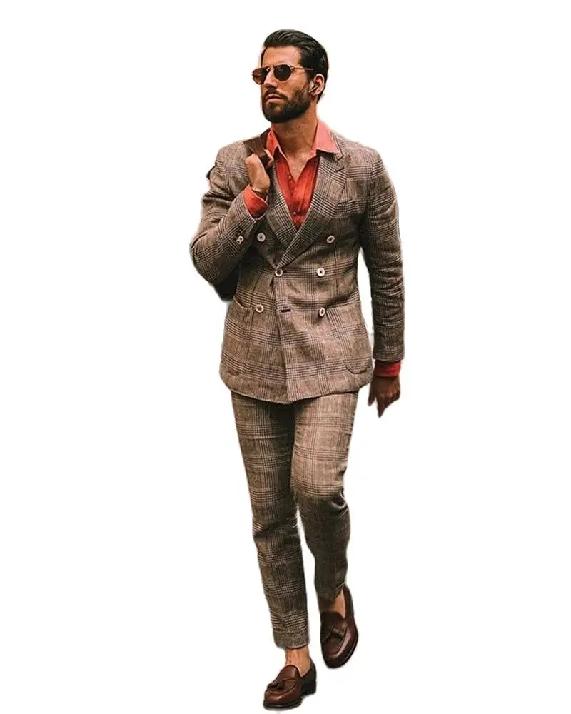 

Vintage Men Gray Houndstooth Plaid Peak Lapel Double Breasted Tuxedos Tailor-Made Slim Fit Formal Business Causal Prom Wear 2 Pc