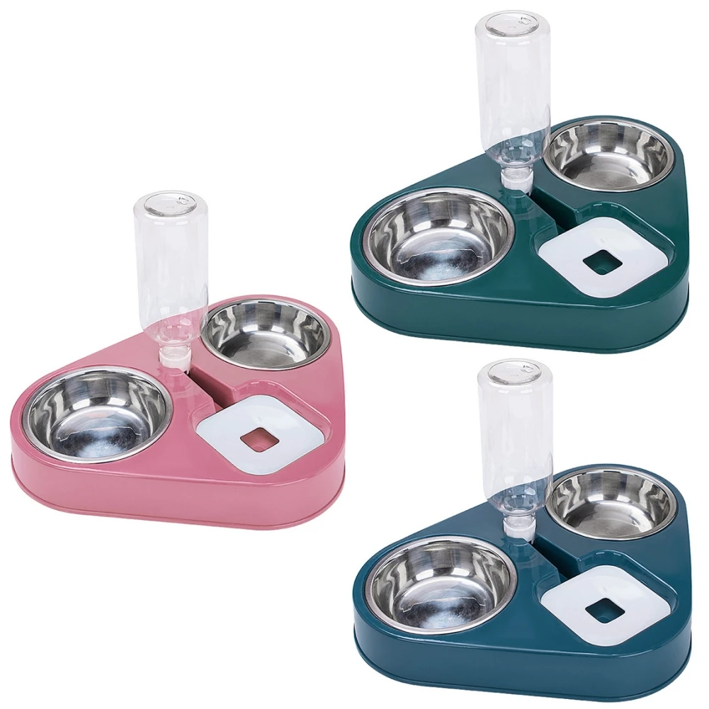 

500ML Dog Bowl Cat Feeder Bowl With Water Bottle Automatic Drinking Pet Bowl Stainless Steel Double Bowl Pet Cat Food Container