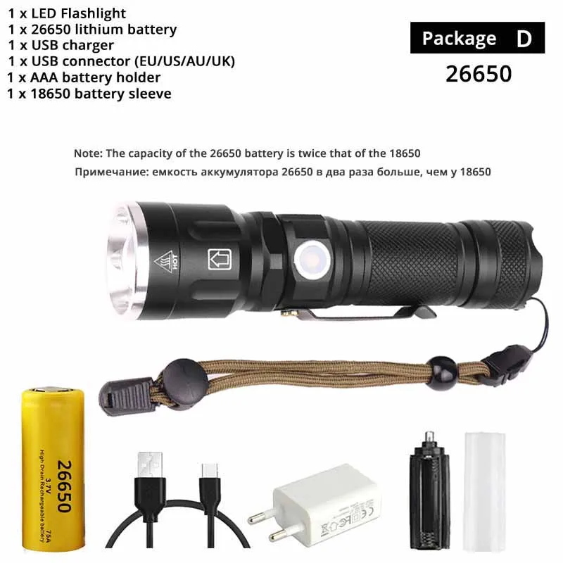 Package D-26650 Супер яркий XHP50 светодиодный фонарик водонепроницаемый 5 режимов освещения масштабируемый фонарик ИСПОЛЬЗОВАТЬ 18650 или 26650 Аккумулятор для наружных приключений - Испускаемый цвет: Package D-26650