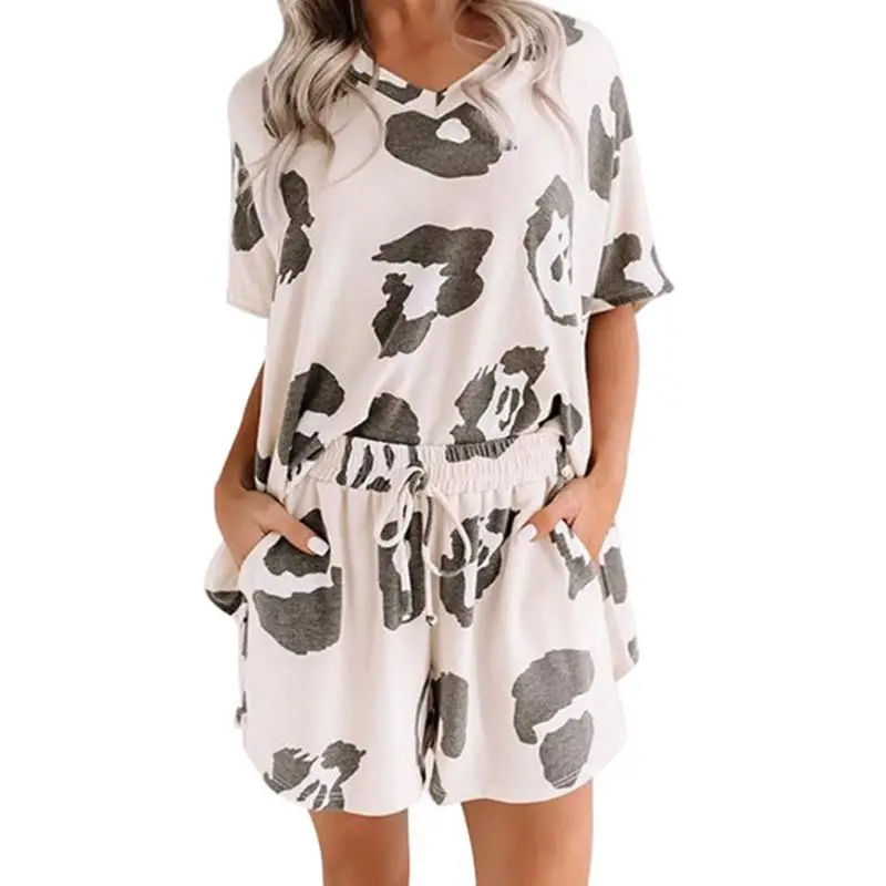 

Women Summer Pajamas Set Short Sleeve Tie-Dye Leopard Sleepwear Loose Loungewear H37C
