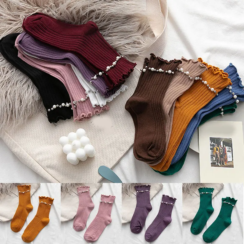 

Fashion Lace Pearl Women Socks Winter Socks Warm Cotton Ladies Ankle Socks Solid Color Girl Casual Dress Short Sokken skarpetki