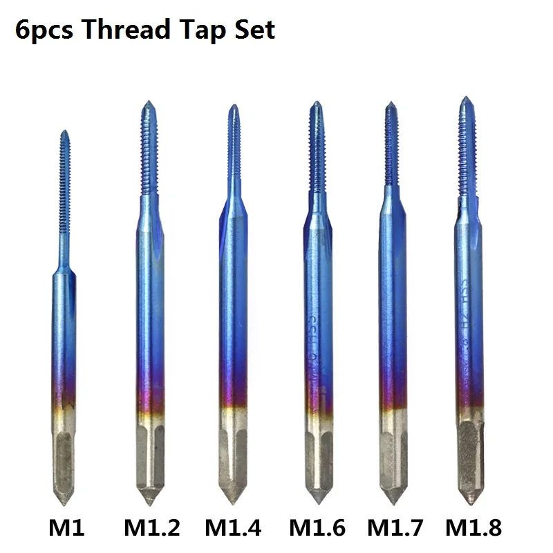 6pcs M1-M1.8 Set Высокоскоростной стальной 6542 прямой Метчик сверло M1-M1.8 машина кран винт Отверстие Сверло метрический резьбовой кран нано синий с покрытием кран - Цвет: 6pcs M1-M1.8 Set