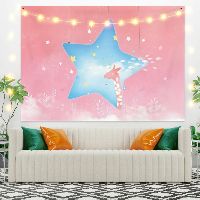 

Cartoon Tapestry Blue Star Pink Backdrop for Livingroom Photography Wall Decor