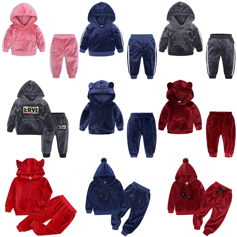

Бархатный комплект одежды с капюшоном для маленьких мальчиков и девочек, детская куртка, пальто и штаны, спортивные костюмы, спортивные кос...