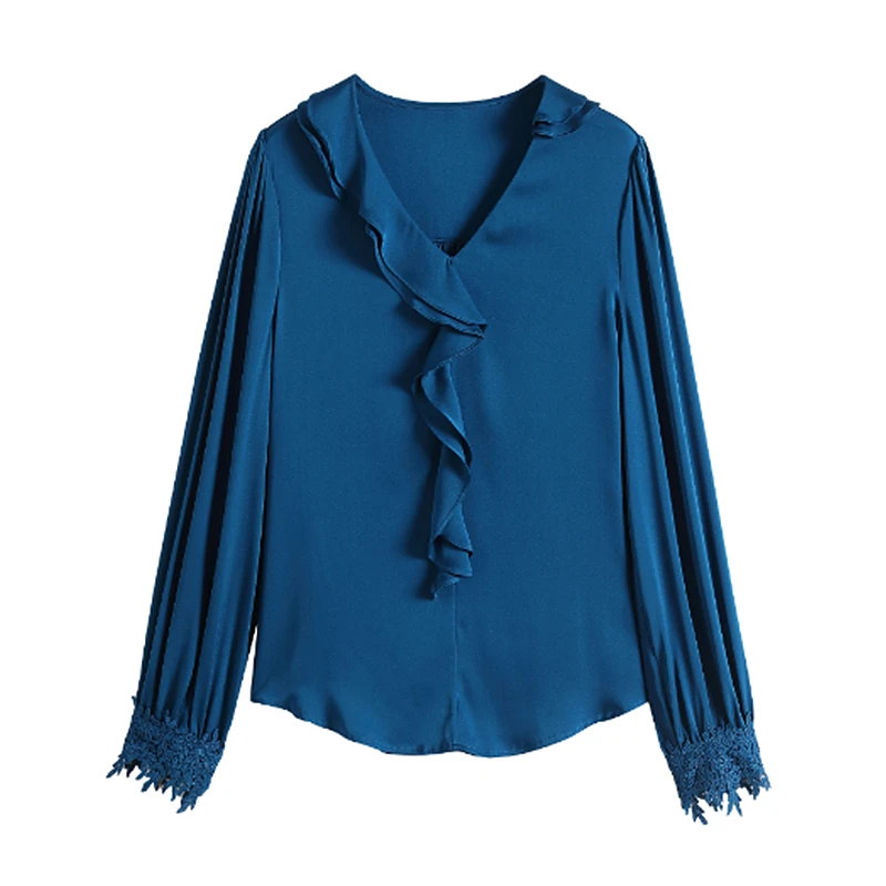 100% Silk Blouse Women Shirt Elegant Design Solid Ruffles Plus Sizes V Neck Embroidered Long Sleeve Graceful Style New Fashion