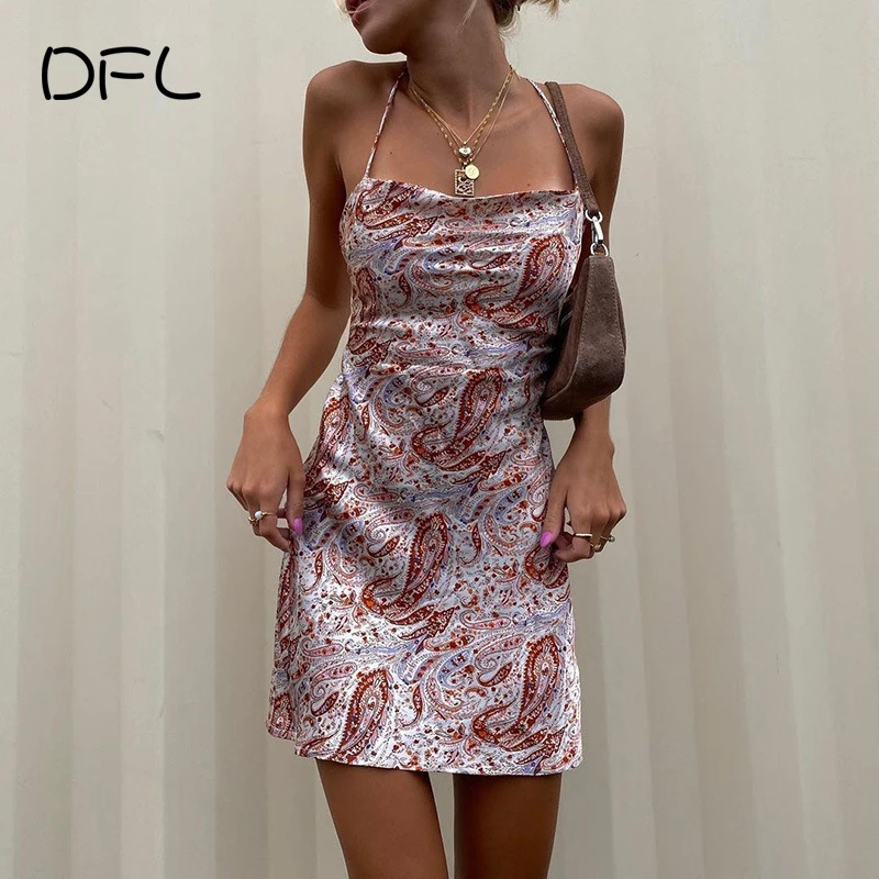 

DFLlifes Women Dresses Print Backless Sexy Clubwear Spaghetti Strap Bodycon Dress Patchwork Bandage Elegant Mini Robe Hot 2021