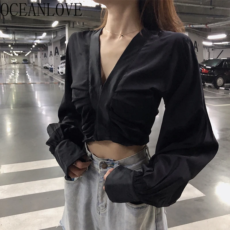 OCEANLOVE V Neck 2020 весенние короткие женские топы и блузки прочный фонарь с рукавом Blusas