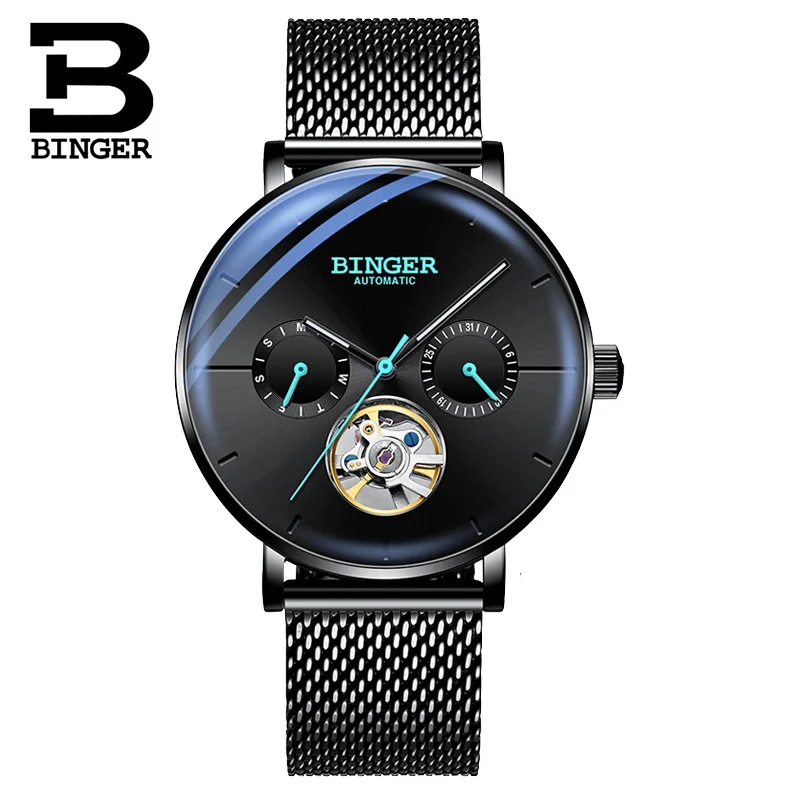 Black Switzerland BINGER 8 мм ультратонкие автоматические механические часы мужские брендовые Роскошные мужские часы сапфировые наручные часы мужские водонепроницаемые - Цвет: Black