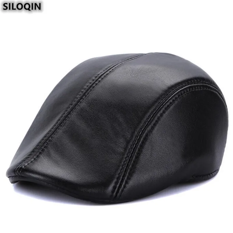 

SILOQIN Men's Genuine Leather Hat Autumn Winter New Thermal Berets Elegant Sheepskin Fashion Brands Leisure Tongue Cap Snapback