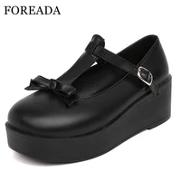 foreada woman lolita style shoes wedges high bow heels pumps t strap platform lady footwear round toe buckle pumps 34 43 spring