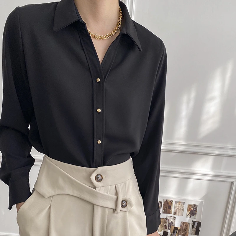 

TWOTWINSTYLE Patchwork Metal Buttons Women's Shirt Lapel Collar Long Sleeve Loose Solid Color For Female Casual Shirts Fashion