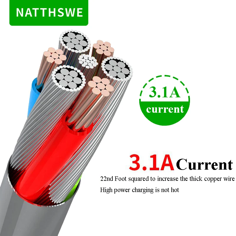 NATTHSWE 3.1A Utral-high Current Round Elbow Type-C USB Data Cable 2M Extended zinc Alloy Fast Charging Line for Huawei Xiaomi | Мобильные