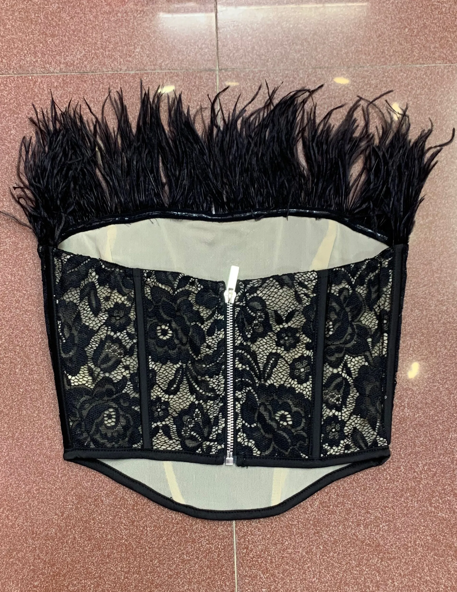 

New Fashion Sexy femme Top Feathers Black sleeveless Strapless Summer Nightclub Celebrity Party evening Clothing corset top
