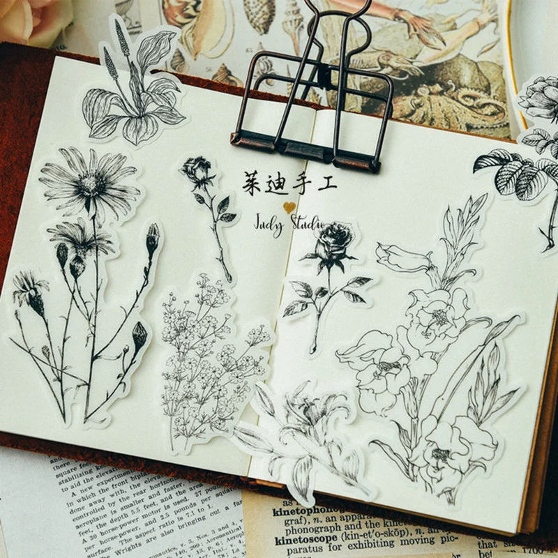 Винтажные Стикеры для рисования растений черно белые эстетические наклейки