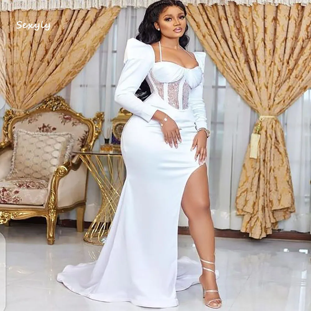 

Sexy African White Evening Dresses Mermaid Plus Size Prom Dress 2022 With Slit Elegant Long Sleeve Lace Formal Party Dress Cheap