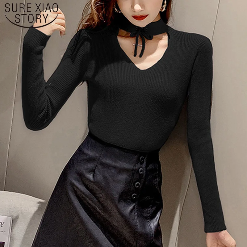 

Autumn Winter 2022 New Knitted Women Shirts Slim Long Sleeve Sexy Womens Blouse with Neck Solid Sweater Casual Pullovers 6444 50