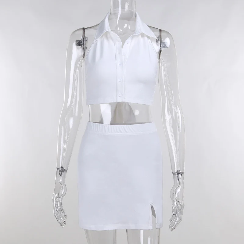 

Woman Sets Summer Fashion Slim Sexy Solid Color Crop Top 2 Colors Woman Casual Short Halter Tank Top & High Waist Sheath Skirt