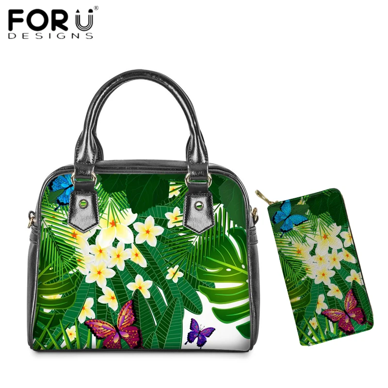

FORUDESIGNS Fashion Women Handbags Set Plumeria Butterflies Hawaii Pattern PU Crossbody Bags for Office Ladies Leisure Tote Bag
