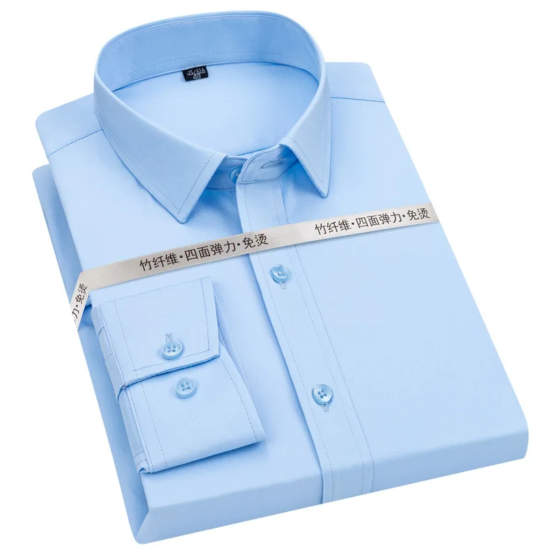 2021 new solid color elastic non-iron professional wear anti-wrinkle men's tooling bamboo fiber shirt men's long-sleeved shirt