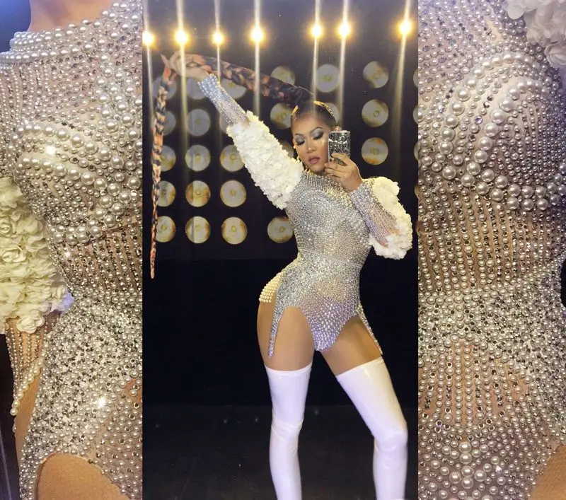 Female Singer Dancer sleeve flower Costume Silver Sparkly Rhinestones Pearls Petal Sleeve Bodysuit Luxurious Stage Dance Clothes