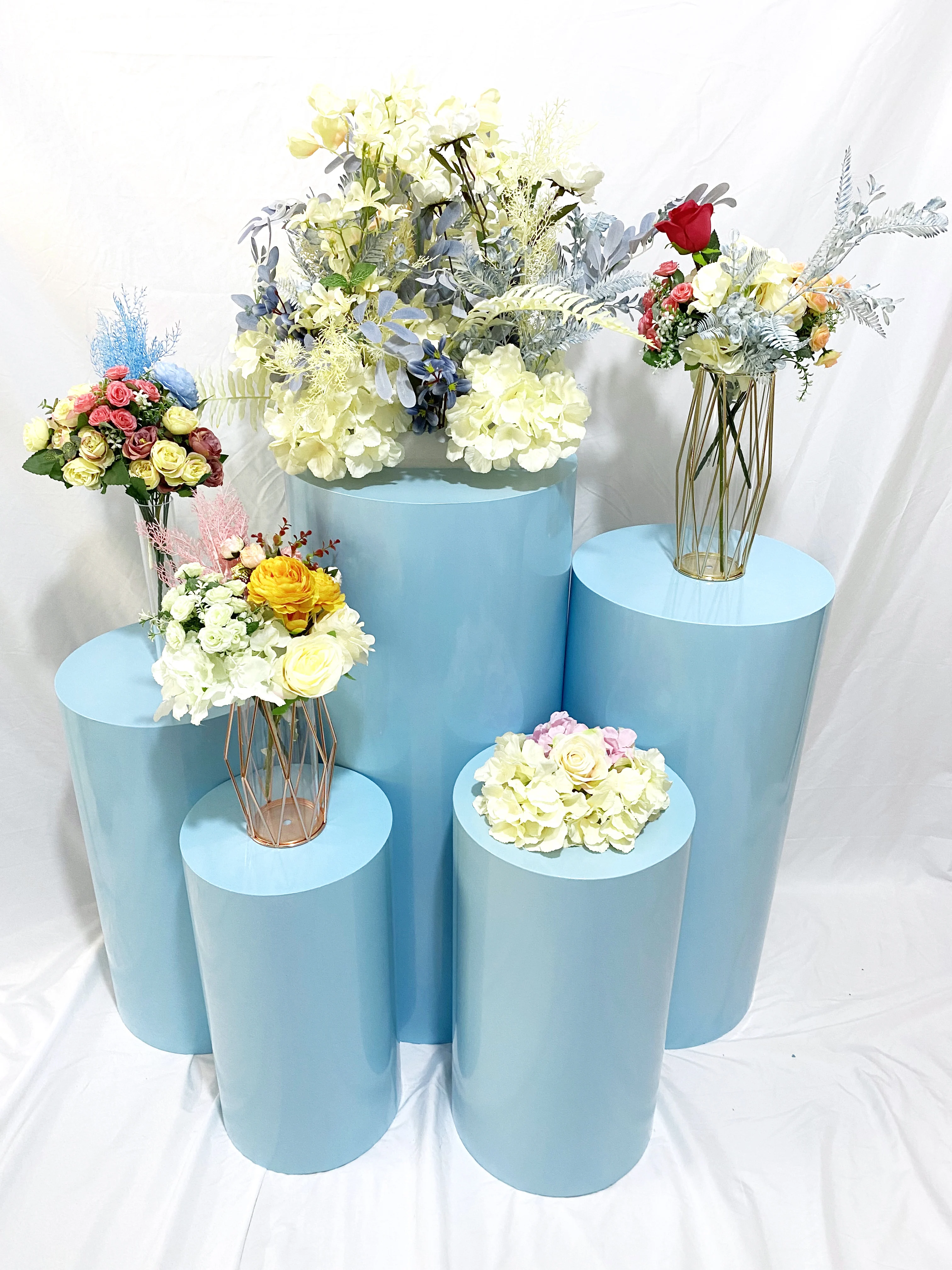 Pedestal de cilindro azul de Metal ahuecado, tel&oacute;n de fondo para decoraci&oacute;n de cumplea&ntilde;os, Celebraci&oacute;n del hogar, accesorios de boda, 5 unids/set por juego-0
