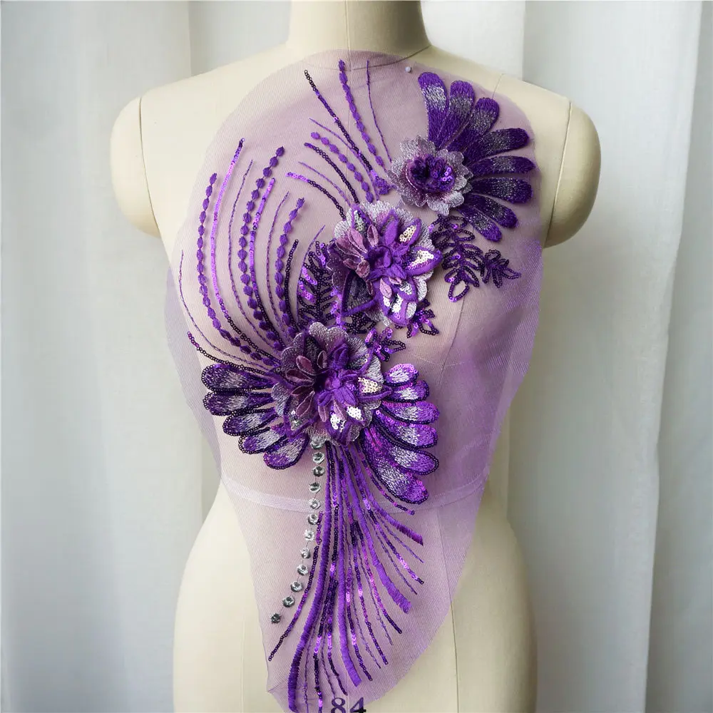Purple Белая, черная, 3D Цветочная кружевная ткань с золотыми пайетками, вышитая одежда с кисточками, аппликация, воротник, нашивка для свадьбы, украшения на платье, сделай сам - Цвет: Purple