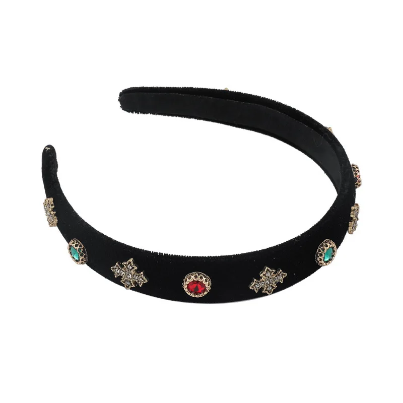 

Korea Vintage Black Velvet Headband for Women 2020 Retro Red Color Crystal Round Star Geometric Velour Hairband Hair Accessories