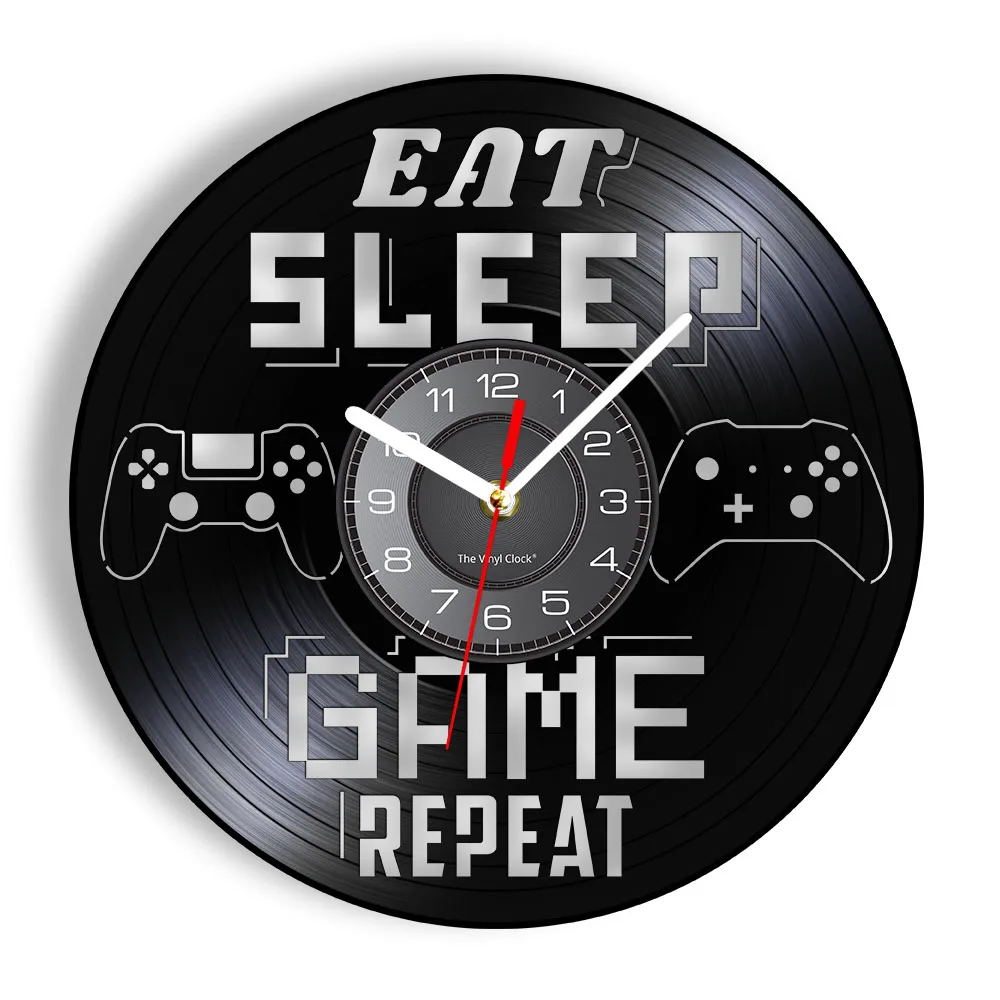 

Eat Sleep Game Repeat Gamer Saying Vinyl Record Wall Clock Boys Playroom Gaming Room Decor Gamepad Controllers Handicraft Art