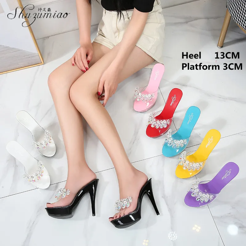 

Summer New Large Size Rhinestone Women's Shoes Sexy Nightclub Transparent Thin Heel Walking Show 13cm Super High Heel Slippers