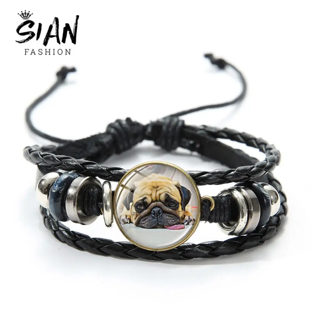 Азиатских весело мопса кожаный браслет в виде милой собачки для домашних