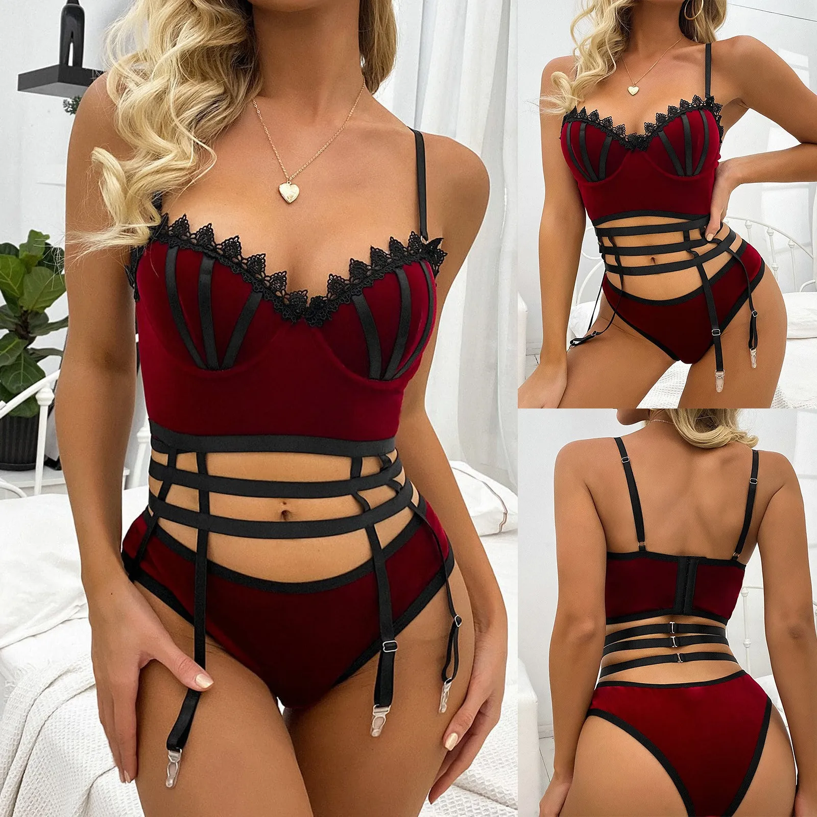 

Steel Ring Bra Sexy Golden Velvet Bralette +G-string+ Garter Belt Underwear Set Women Bra Bustier Lingerie Thong Pajama Set