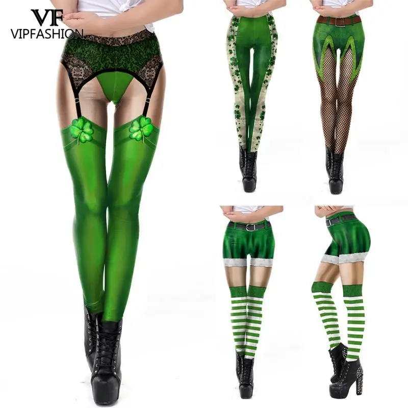 

VIP FASHION New Cosplay St. Patrick's Day 3D Clover Printed Leggings Women Fake Lace Skinny Pants Sexy Female leggings Plus Size