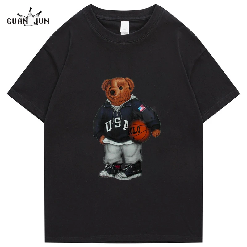 

Vintage Fashion USA Bear Print Oversized T Shirt Men and Women Aesthetic Streetwear Graphic Tees Khaki MaleTshirt Cute Tops