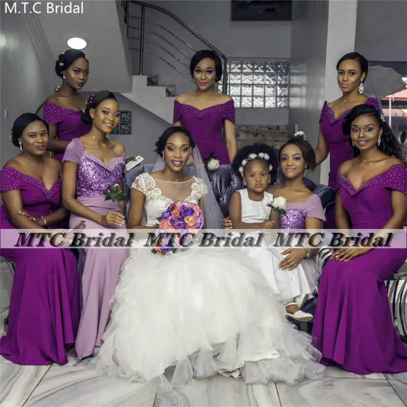 

Purple Mermaid Off The Shoulder Bridesmaid Dresses Beads Elastic Satin Short Sleeves African Maids Of Honor Long Party Gonws
