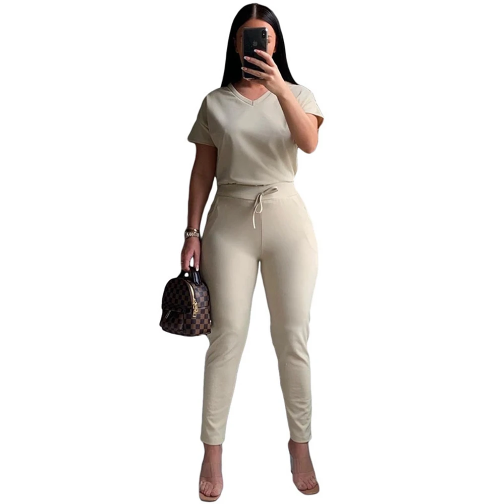 

2021 new Women Tracksuit Casual Sports 2-piece Outfit Set Short Sleeve V-neck Solid Color Tops+Pants Set