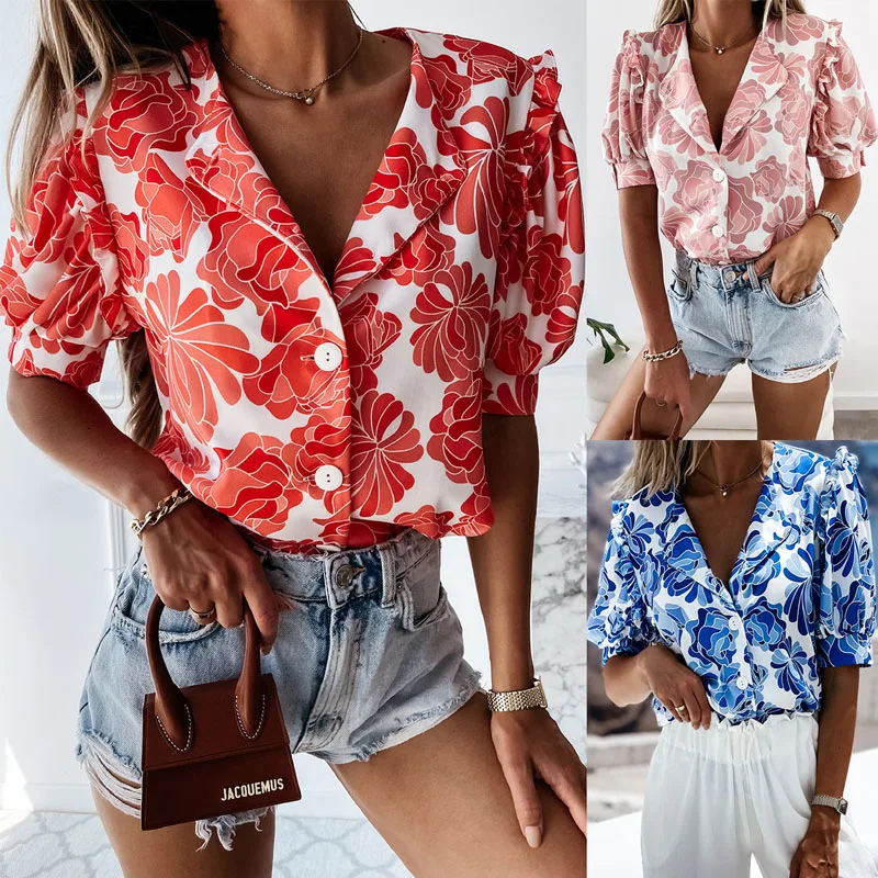 

Flower Printed Ruffle Women Blouse 2021 Summer Elegant Short Sleeve Single Breasted Beach Ladies Shirt Office Lady Shirt Blusas