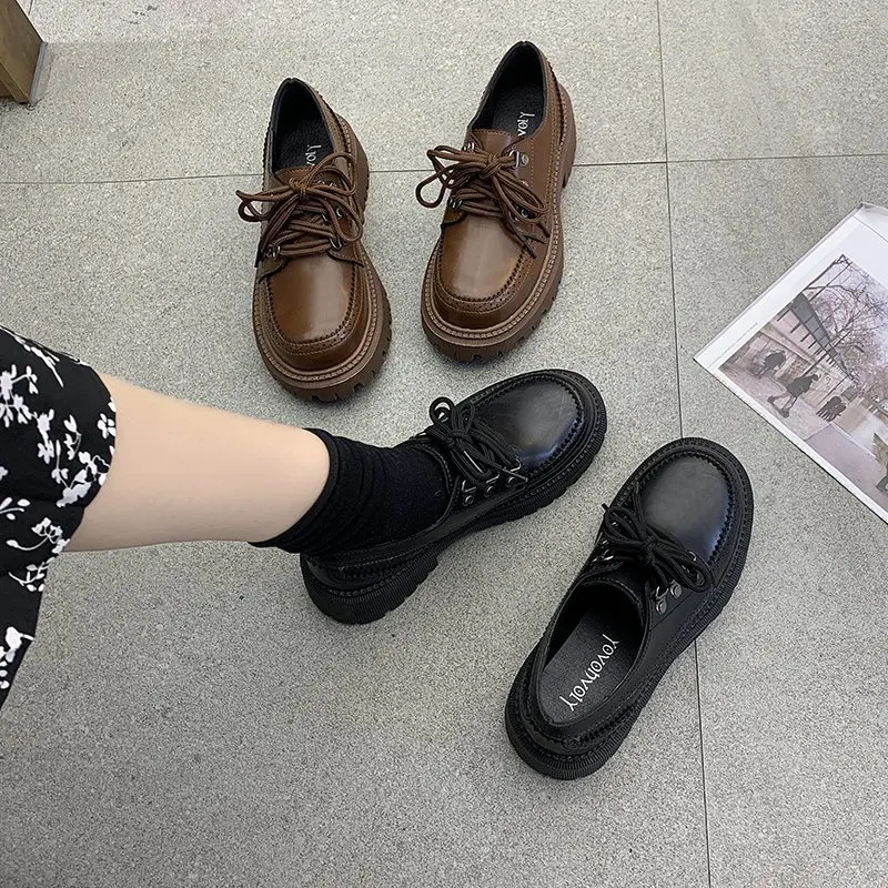 

British Style Shoes Oxfords Women's All-Match Clogs Platform Female Footwear Casual Sneaker Round Toe Preppy Leather Summer Cree