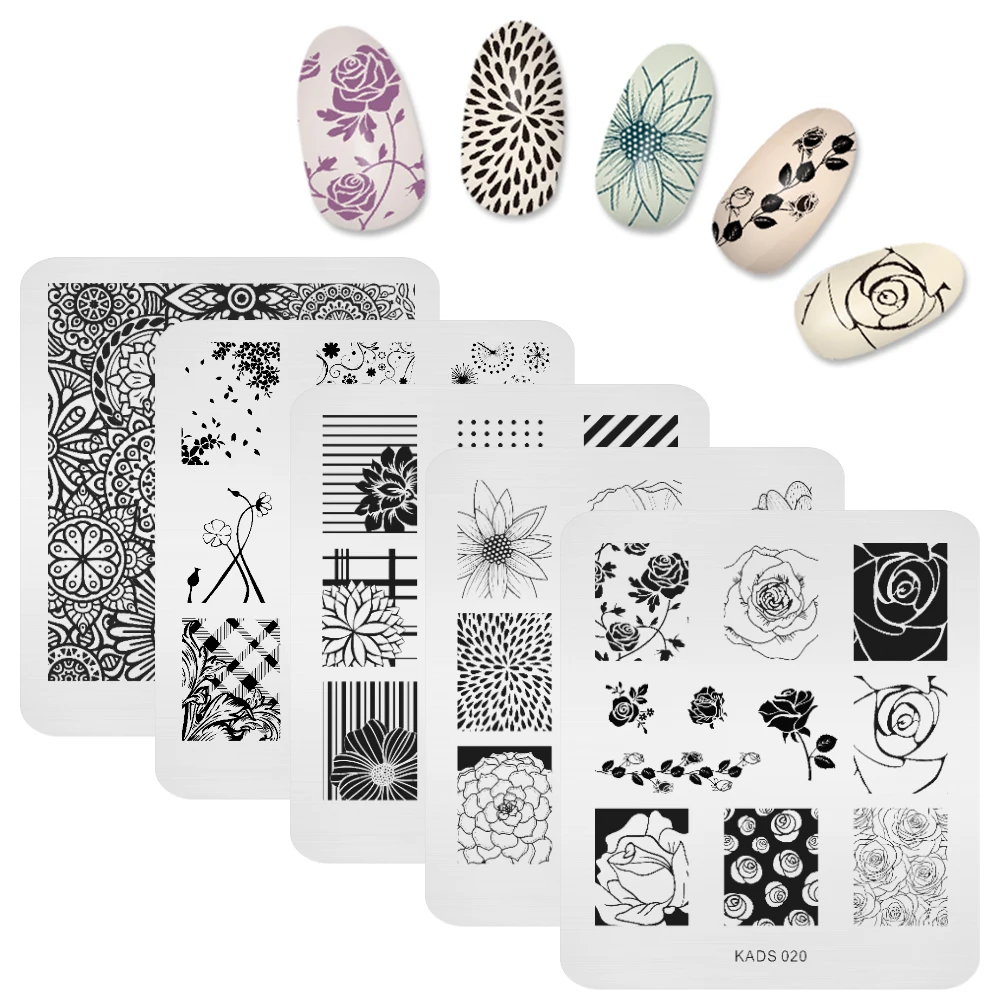 Трафарет для дизайна ногтей KADS 5 шт./компл. с принтом в виде цветов пластины