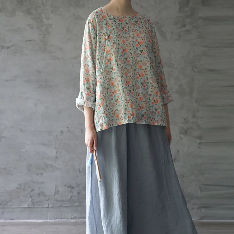 Винтажные Топы рукав девять-четвёртых с круглым вырезом и принтом на пуговицах