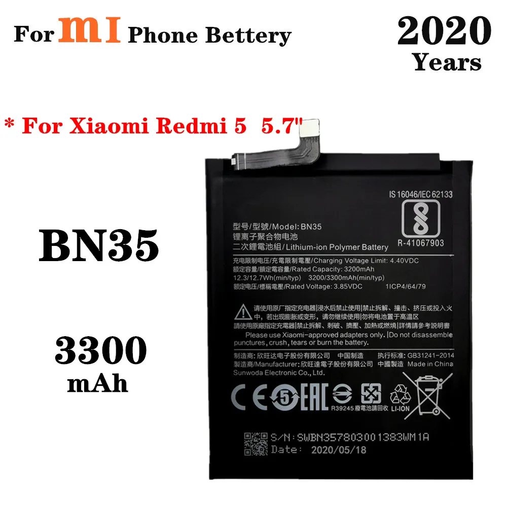 

Аккумулятор BN35 на 2020 мА · ч для телефона Xiaomi Redmi 5, 3300 дюйма, сменные батареи, высококачественный перезаряжаемый аккумулятор, 5,7 лет