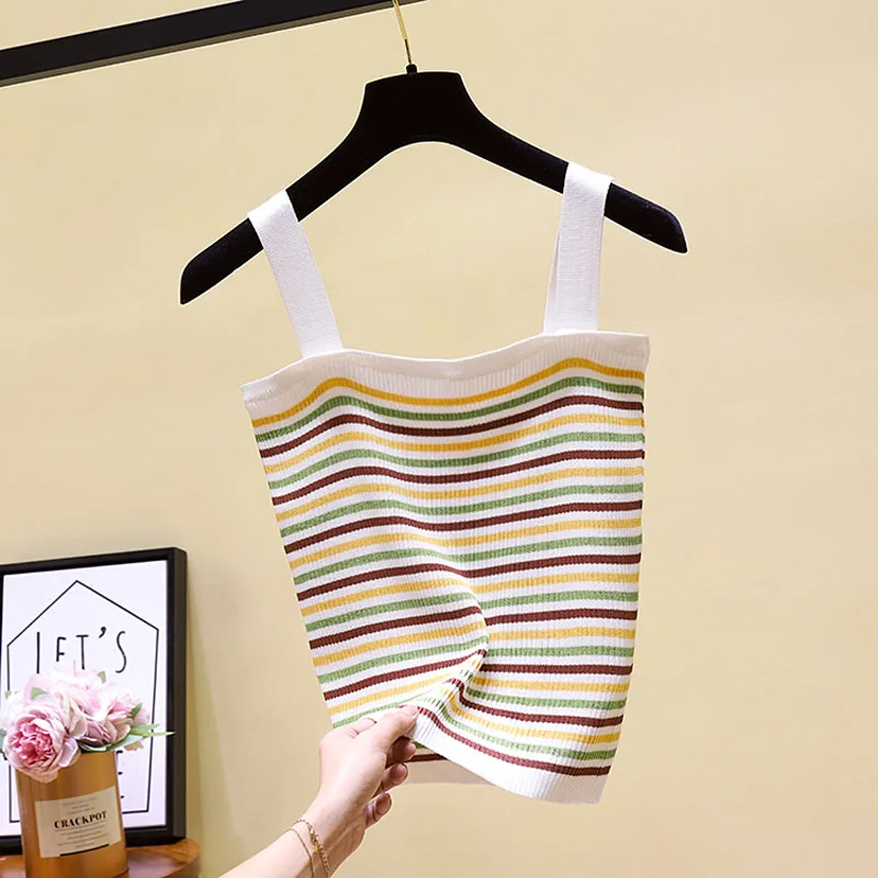 Sweater Vest Women Spaghetti Strap Knitted Tops Summer Fashion Chic Beach Camisole Sleeveless Knitwear Ladies Elastic | Женская одежда